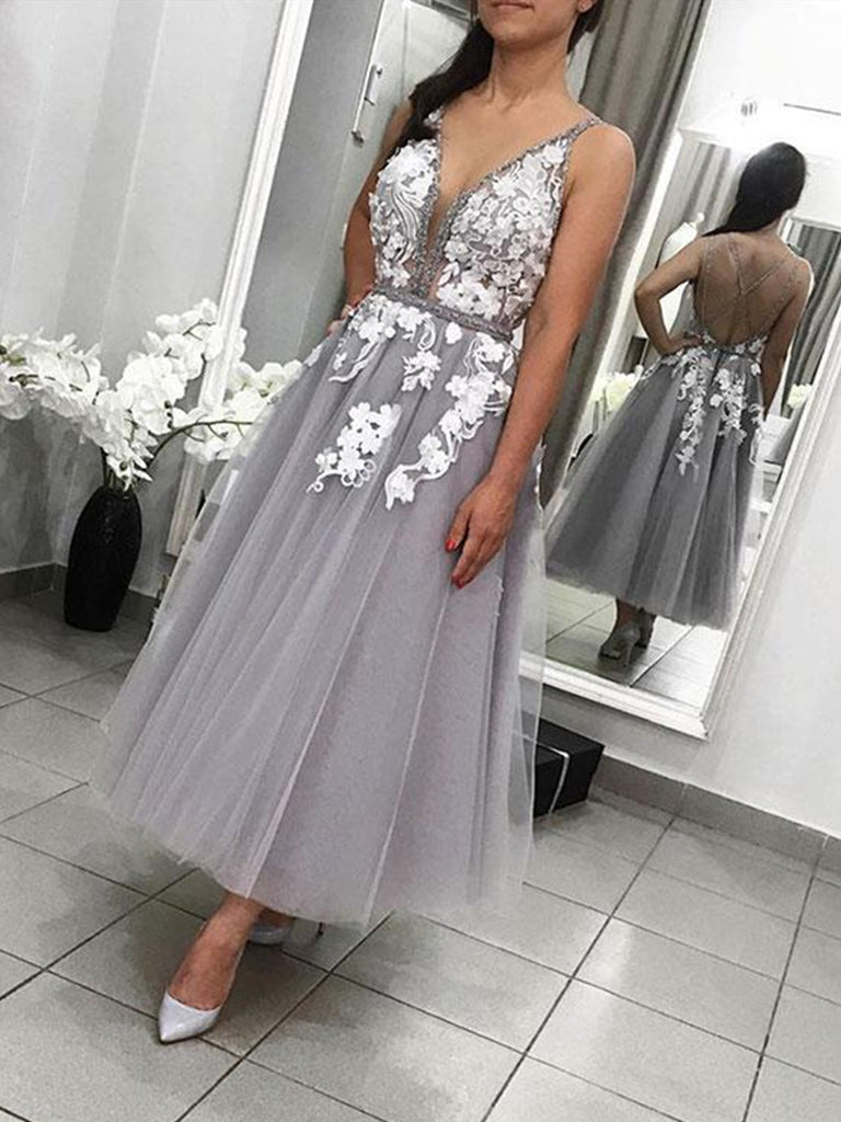 A Line V Neck Backless Tea Length Gray Lace Prom Dresses, Grey Lace Fo jbydress A Line V Neck Backless Tea Length Gray Lace Prom Dresses, Grey Lace Fo jbydress