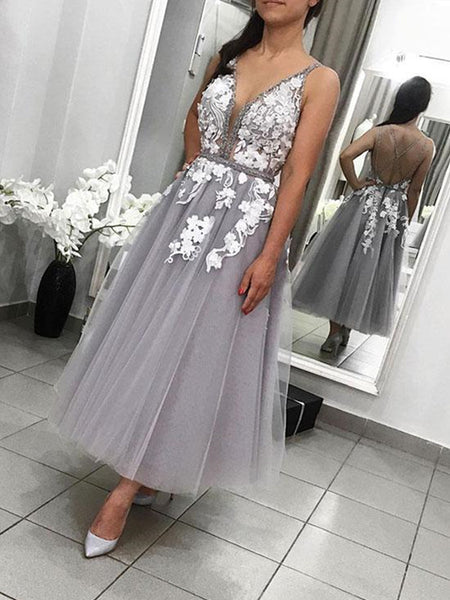 A Line V Neck Backless Tea Length Gray Lace Prom Dresses, Grey Lace Formal Graduation Cocktail Dresses, Backless Lace Homecoming Dreses