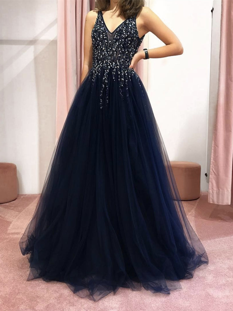 A Line V Neck Navy Blue Beaded Prom Dresses, Navy Blue Beaded Tulle Fo jbydress A Line V Neck Navy Blue Beaded Prom Dresses, Navy Blue Beaded Tulle Fo jbydress