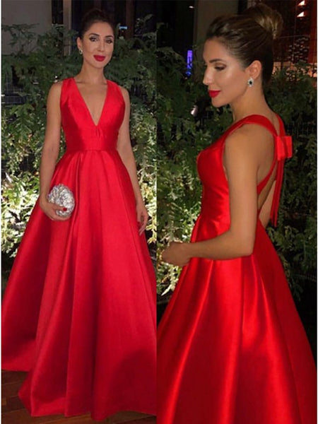 A Line V Neck Red Prom Dress with Cross Back, Floor Length Red V Neck Evening Dresses Graduation Dresses