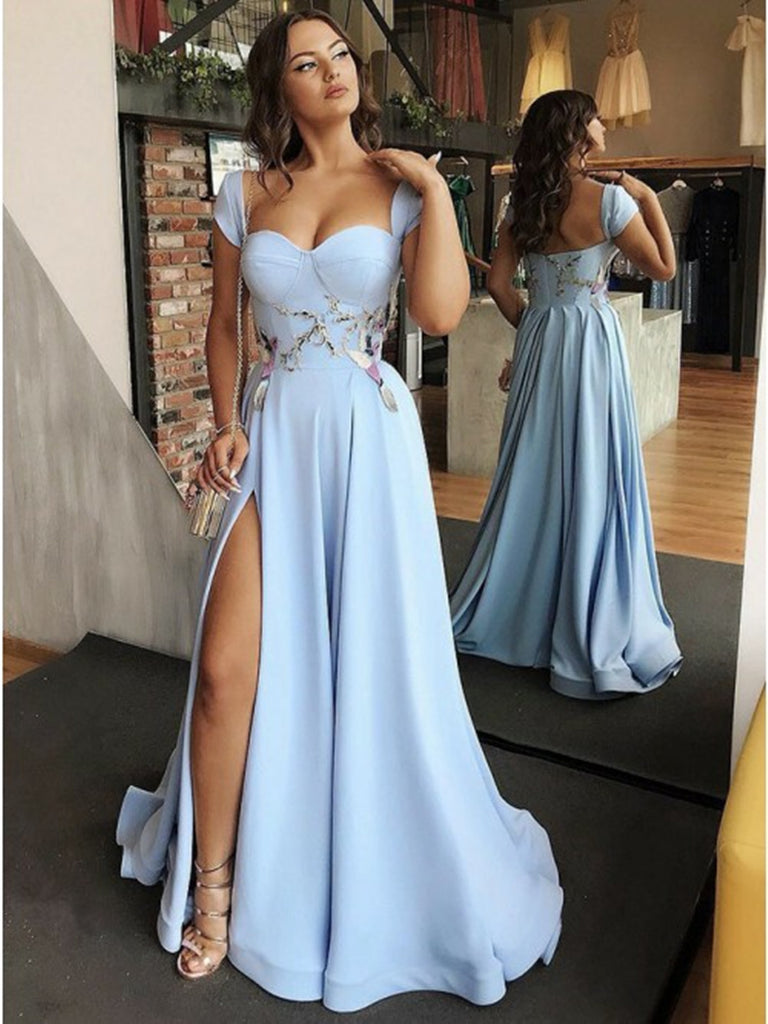 Custom Made Sweetheart Neck Light Blue Prom Dress with Cap Sleeves, Cap Sleeves Blue Formal Gradution Evening Dress