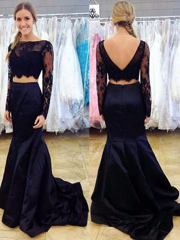 Black Long Sleeves 2 Pieces Mermaid Lace Prom Dresses, 2 Pieces Lace Mermaid Formal Evening Dresses