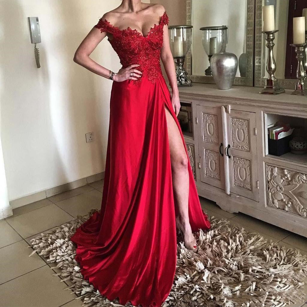 Custom Made Off Shoulder Red Lace Prom Dresses, Red Off Shoulder Lace jbydress Custom Made Off Shoulder Red Lace Prom Dresses, Red Off Shoulder Lace jbydress