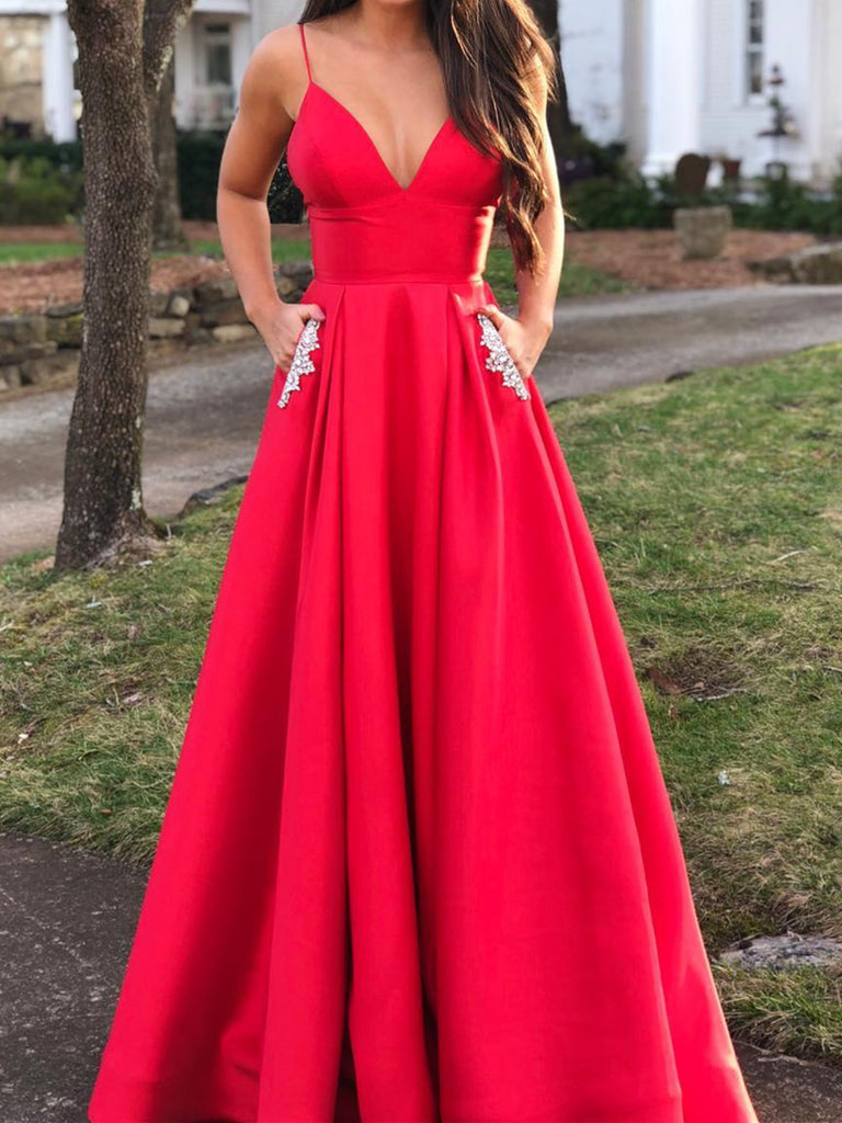 A Line V Neck Red Prom Dresses with Pockets, Red V Neck Formal Graduation Evening Dress with Pockets