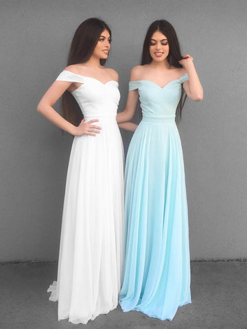 Custom Made A Line Off Shoulder White/Blue Prom Dresses, White/Blue Off Shoulder Formal Evening Bridesmaid Dresses