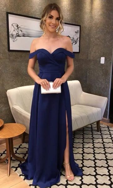 A Line Off Shoulder Blue Prom Dresses with Leg Slit, Off Shoulder Blue Formal Graduation Evening Dresses