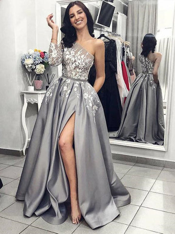 One Shoulder Gray Lace Prom Dresses with Leg Slit, One Shoulder Gray Lace Formal Graduation Evening Dresses