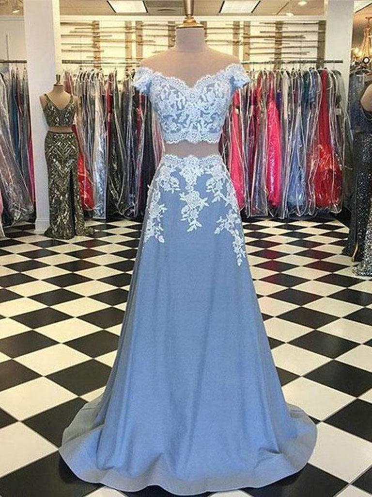2 Pieces Off Shoulder Blue Lace Prom Dresses, Blue Lace Formal Dresses, 2 Pieces Lace Graduation Dresses