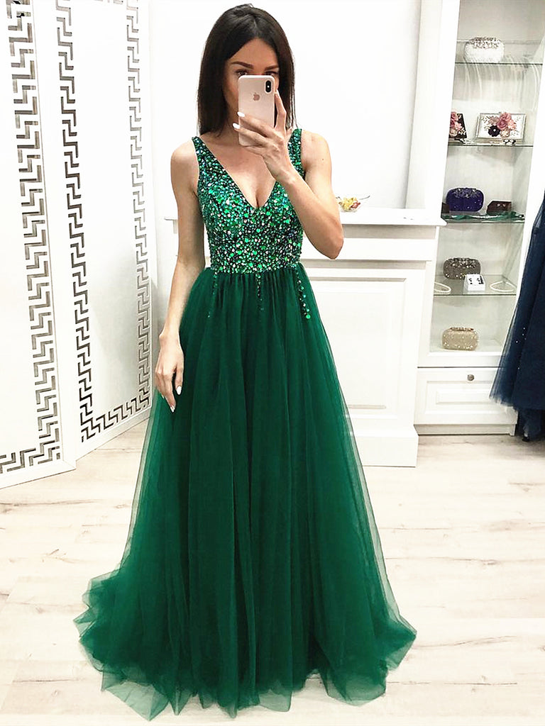 A Line V Neck Green Beaded Prom Dresses Long, Beaded V Neck Green Form jbydress A Line V Neck Green Beaded Prom Dresses Long, Beaded V Neck Green Form jbydress