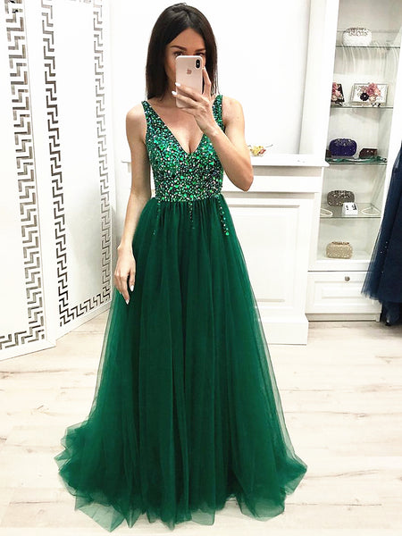 A Line V Neck Green Beaded Prom Dresses Long, Beaded V Neck Green Formal Dresses, Evening Dresses