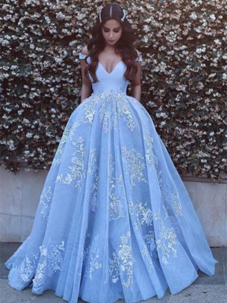 Off Shoulder Light Blue Prom Dress with Lace Applique, Prom Gown, Ligh jbydress Off Shoulder Light Blue Prom Dress with Lace Applique, Prom Gown, Ligh jbydress