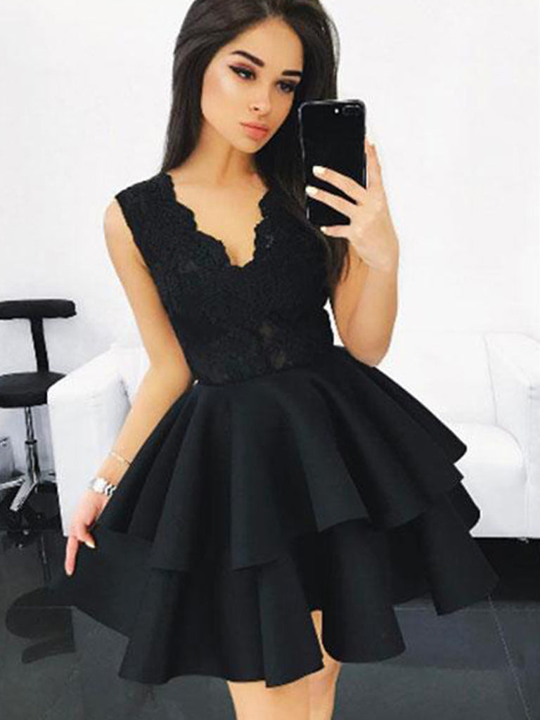 Custom Made Short Black Lace Prom Dresses, Short Black Lace Formal Graduation Evening Dresses