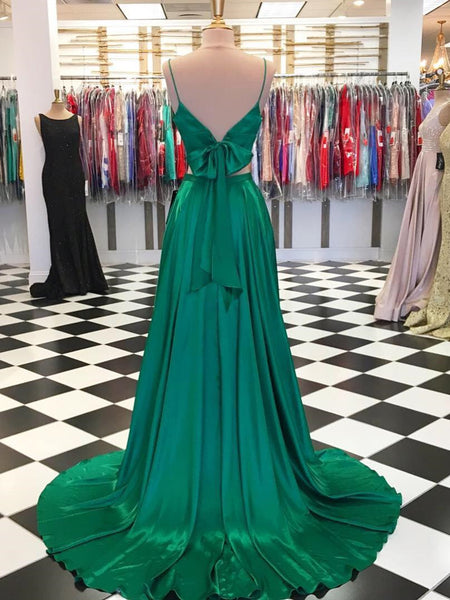 A Line 2 Pieces Green Prom Dresses, 2 Pieces Green Formal Graduation Evening Dresses