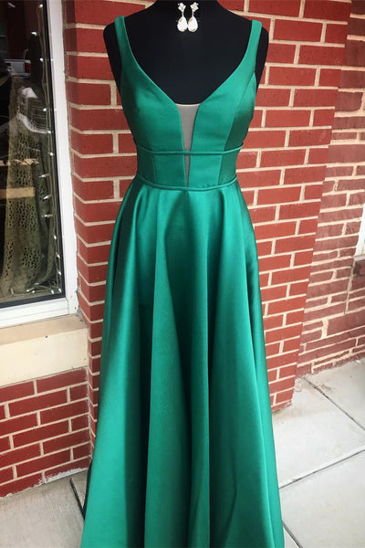 Deep V Neck Emerald Green Prom Dresses, V Neck Green Formal Graduation Evening Dresses