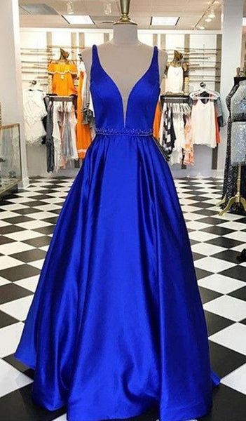 A Line V Neck Royal Blue Prom Dresses, Royal Blue V Neck Formal Graduation Evening Dresses