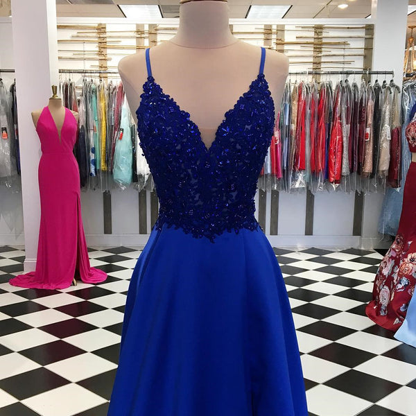 A Line V Neck Blue Lace Prom Dresses, V Neck Blue Lace Formal Graduation Evening Dresses