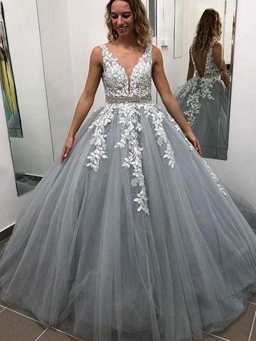 V Neck Backless Gray Lace Prom Dresses, Gray Backless Lace Formal Graduation Evening Dresses