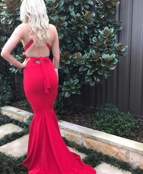 Red Mermaid Long Backless Prom Dresses, Red Mermaid Backless Formal Graduation Evening Dresses