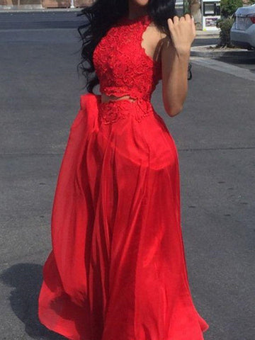 A Line 2 Pieces Red Lace Prom Dresses, Red 2 Pieces Lace Formal Graduation Evening Dresses