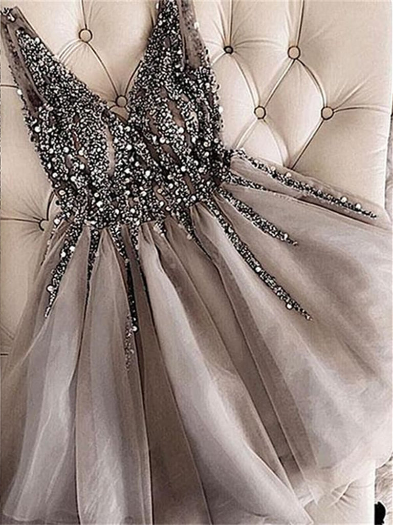 A Line V Neck Beaded Short Sliver Gray Prom Dresses, Short Beaded Home jbydress A Line V Neck Beaded Short Sliver Gray Prom Dresses, Short Beaded Home jbydress
