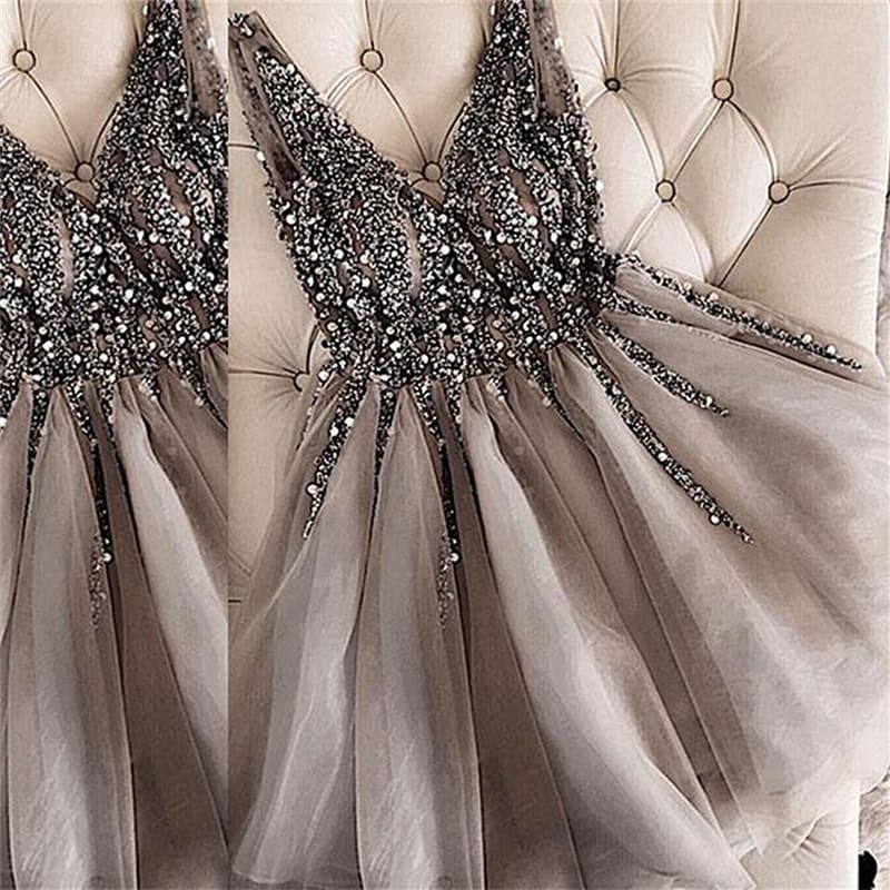 A Line V Neck Beaded Short Sliver Gray Prom Dresses, Short Beaded Home jbydress A Line V Neck Beaded Short Sliver Gray Prom Dresses, Short Beaded Home jbydress