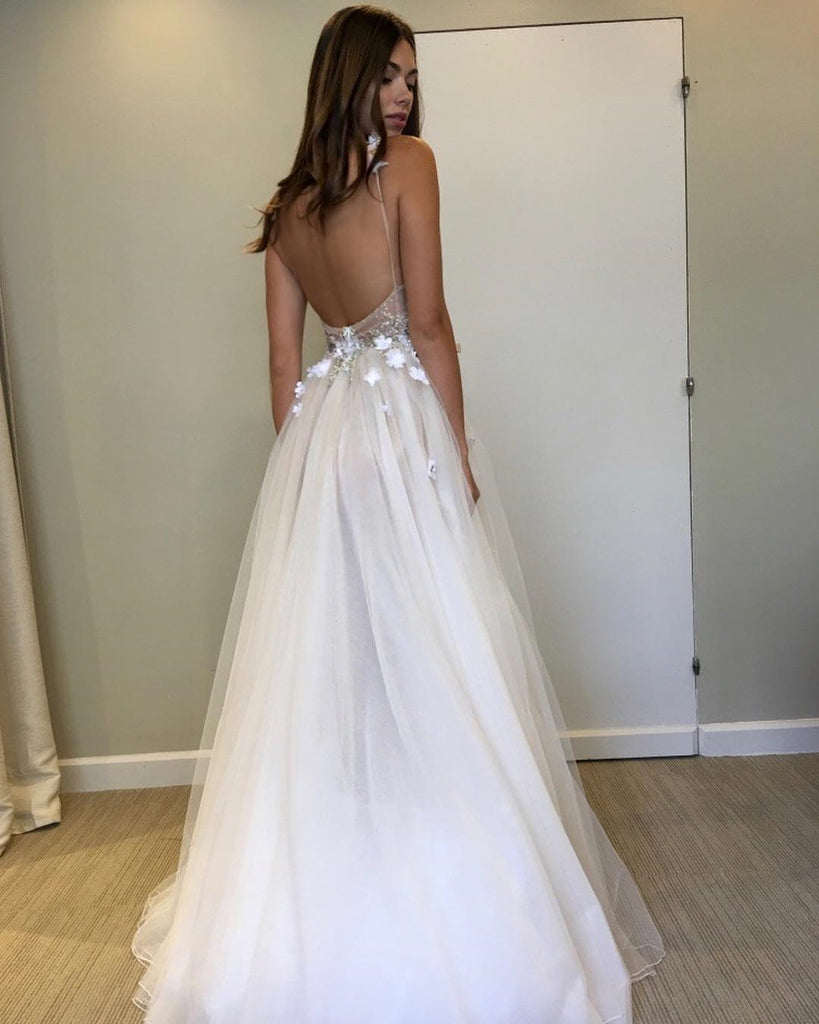 Ivory V Neck Backless Beaded Wedding Dresses with 3D Flowers, Ivory Ba jbydress Ivory V Neck Backless Beaded Wedding Dresses with 3D Flowers, Ivory Ba jbydress
