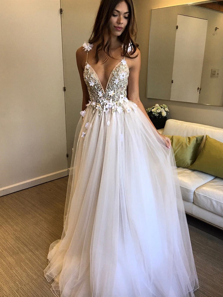 Ivory V Neck Backless Beaded Wedding Dresses with 3D Flowers, Ivory Ba jbydress Ivory V Neck Backless Beaded Wedding Dresses with 3D Flowers, Ivory Ba jbydress
