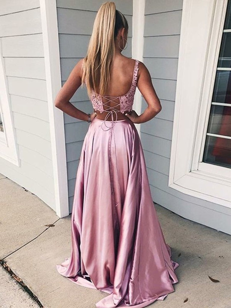 pink two piece dress gowns Two Piece Dusty Pink Long Prom Dress Puff Sleeve Formal Dresses Evenin SELINADRESS