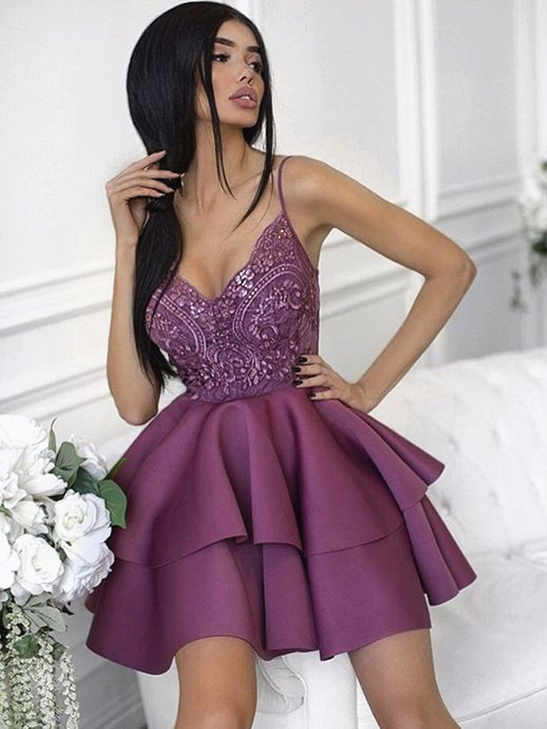 Sweetheart Neck Short Purple Lace Prom Dresses, Short Purple Lace Homecoming Graduation Cocktail Dresses