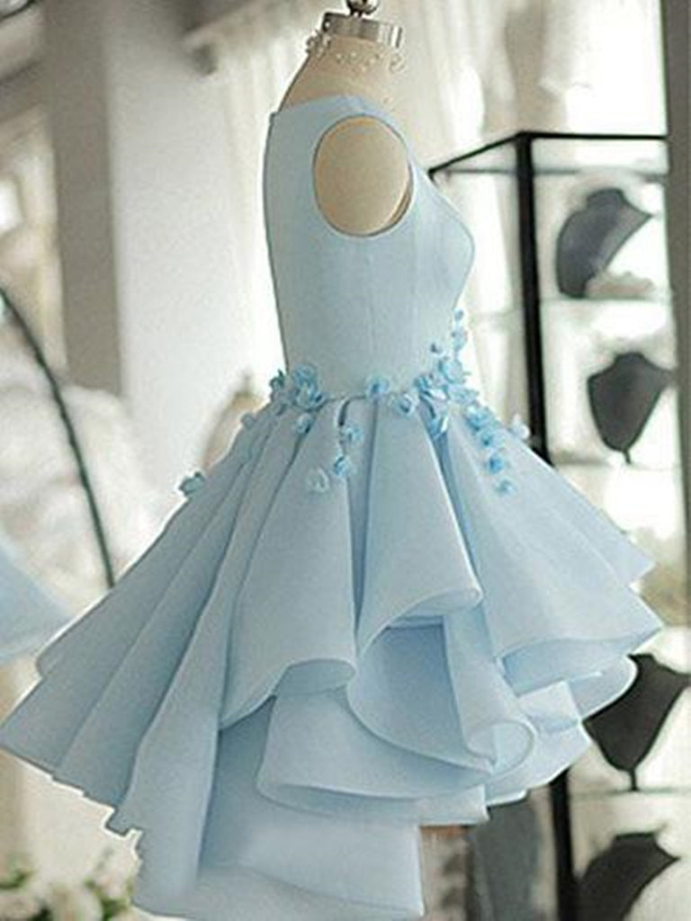 3D Flower Short Blue Prom Dresses, 3D Floral Short Blue Graduation