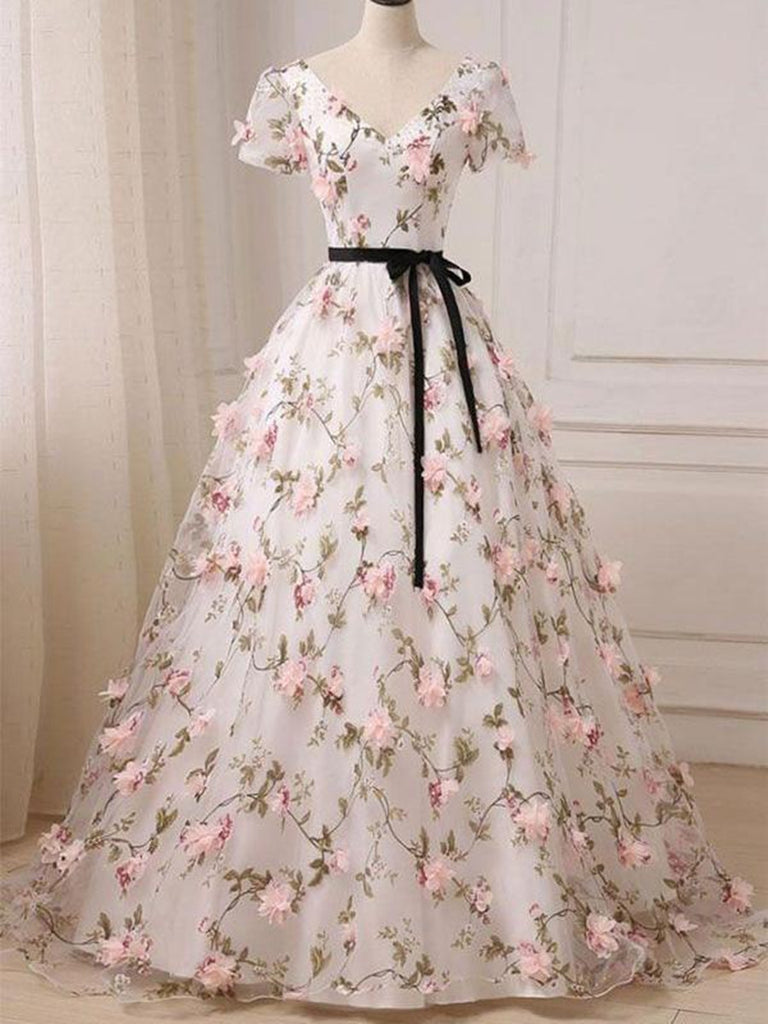 Custom Made V Neck Short Sleeves 3D Flower Prom Dresses, 3D Flower Graduation Dresses, Formal Dresses