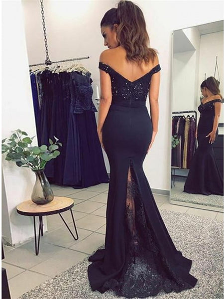 Off Shoulder Navy Blue Lace Mermaid Prom Dresses, Navy Blue Lace Bridesmaid Evening Formal Dresses