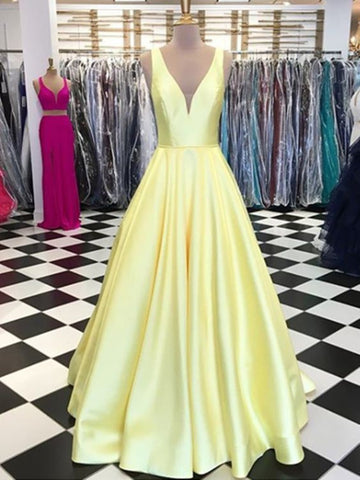 Custom Made A Line V Neck Yellow Prom Dresses, Yellow V Neck Formal Dresses, Graduation Dress