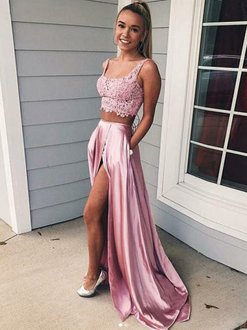 2 Pieces Pink Lace Prom Dresses, Two Pieces Pink Lace Formal Graduation Evening Dresses