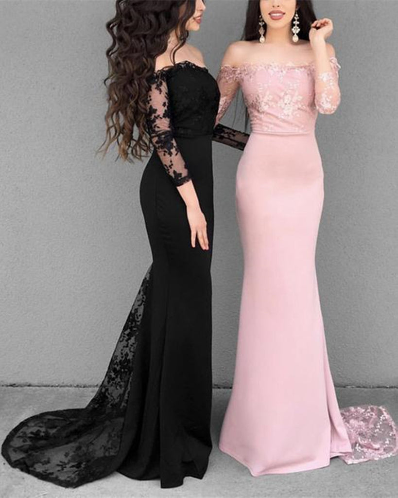 Custom Made Black/Pink Mermaid Long Sleeves Lace Prom Dresses, Lace Me jbydress Custom Made Black/Pink Mermaid Long Sleeves Lace Prom Dresses, Lace Me jbydress
