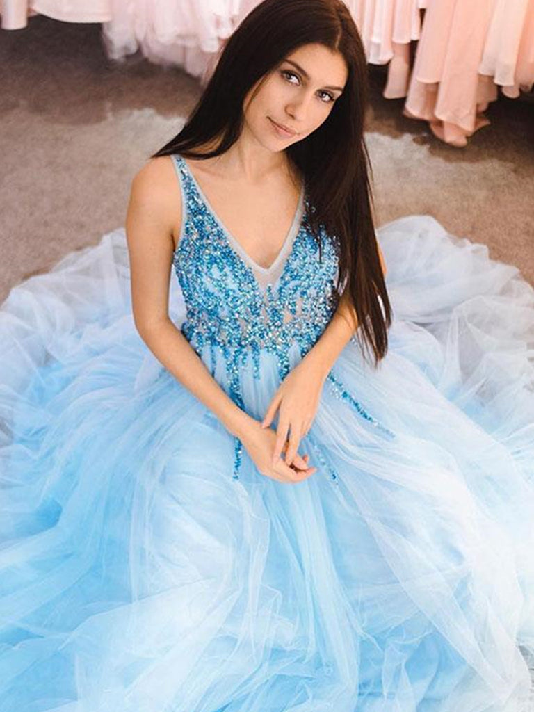 Custom Made A Line V Neck Blue Prom Dress with Sequins, Light Blue V N jbydress Custom Made A Line V Neck Blue Prom Dress with Sequins, Light Blue V N jbydress