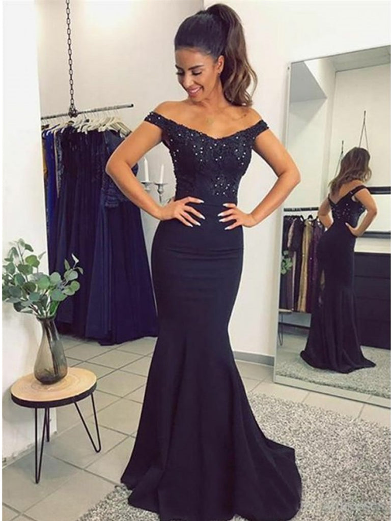 Off Shoulder Navy Blue Lace Mermaid Prom Dresses, Navy Blue Lace Bridesmaid Evening Formal Dresses