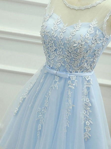 A Line Round Neck Short Blue Lace Prom Dresses, Short Lace Formal Dresses, Blue Lace Graduation Dresses, Homecoming Dresses