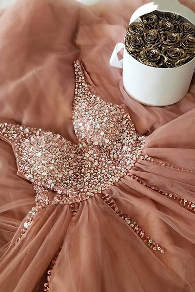 A Line V Neck Beaded Champagne Tulle Prom Dresses with Corset Back, Beaded Champagne Formal Evening Dress with Corset Back
