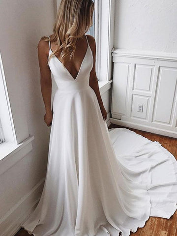 A Line V Neck White Wedding Dreses, White V Neck Prom Dresses, V Neck Evening Dresses