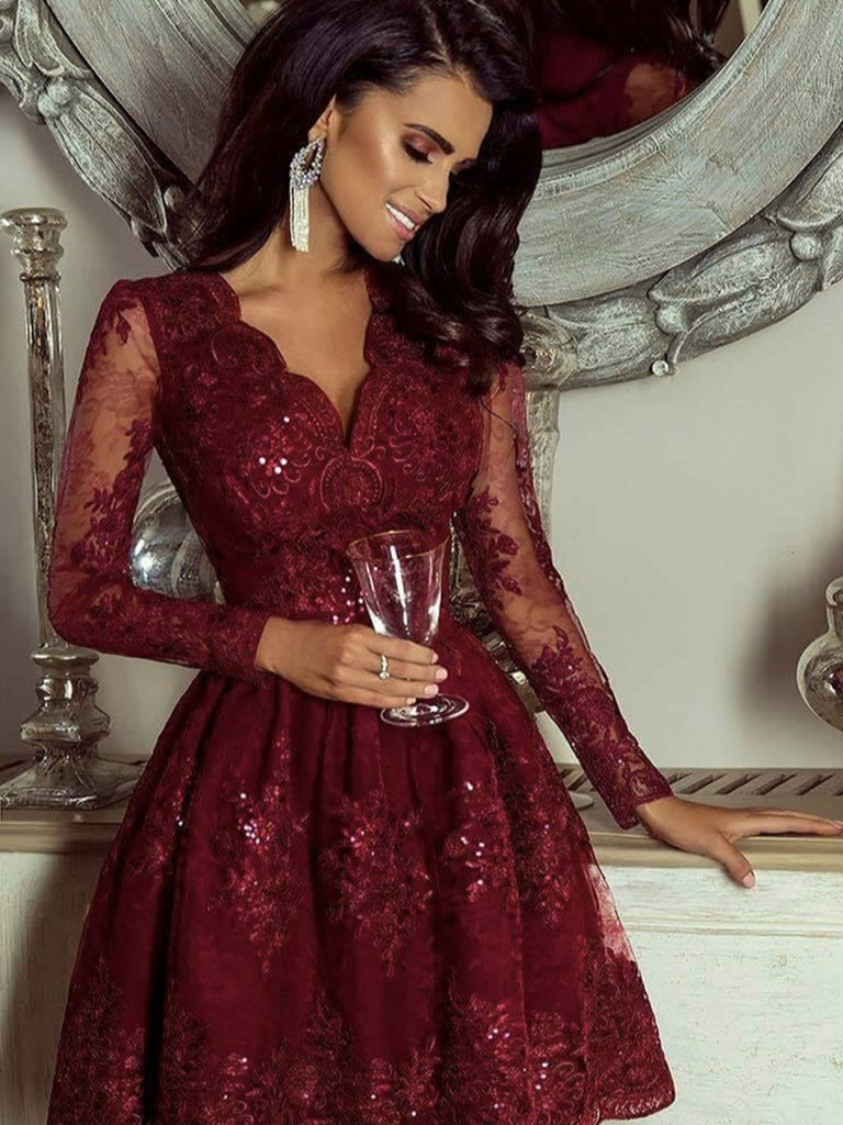 A Line V Neck Short Burgundy Lace Prom Dresses, Short Burgundy