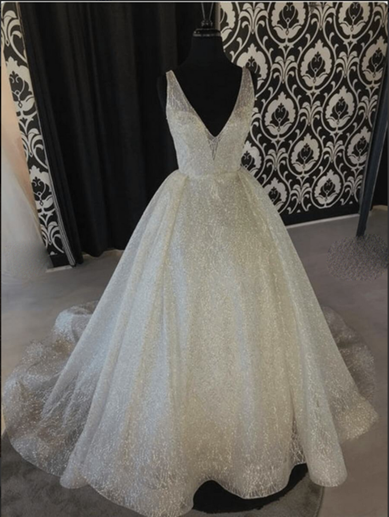 Shiny A Line V Neck Ivory Wedding Dresses, A Line V Neck Prom Graduati jbydress Shiny A Line V Neck Ivory Wedding Dresses, A Line V Neck Prom Graduati jbydress