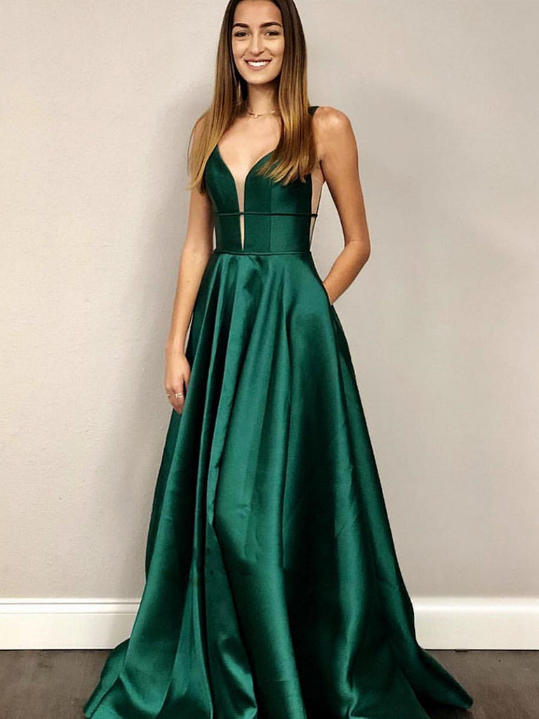 Deep V Neck Emerald Green Prom Dresses, V Neck Green Formal Graduation Evening Dresses