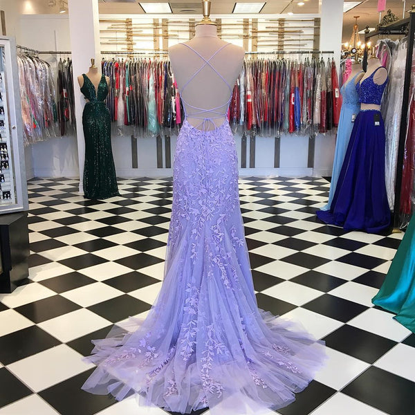 Purple/Blue Mermaid Backless Lace Prom Dresses, Purple/Blue Mermaid Backless Lace Formal Graduation Evening Dreses