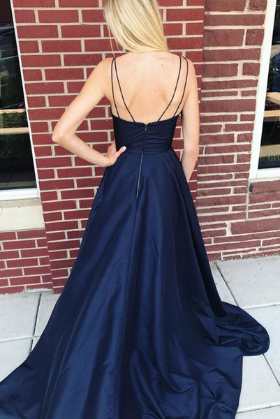 Custom Made A Line V Neck Simple Navy Blue Spaghetti Straps Prom Dresses, Navy Blue Formal Graduation Dresses