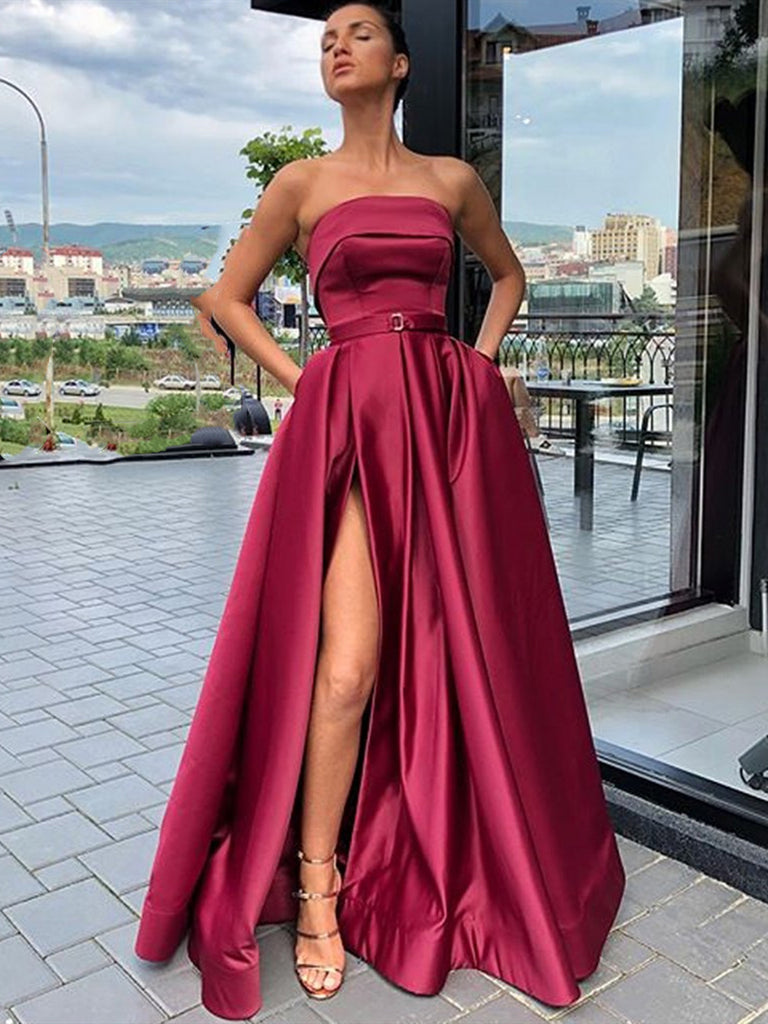 burgundy prom dresses Custom Made A Line High Slit Burgundy Prom Dresses, Burgundy Formal Ev – jbydress
