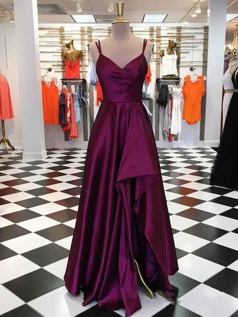 A Line V Neck Purple High Low Satin Prom Dresses, High Low Purple Formal Graduation Evening Dresses