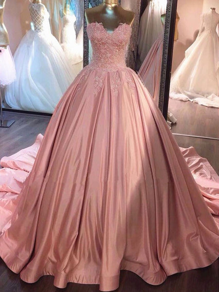 Sweetheart Neck Pink Lace Prom Dresses, Pink Lace Prom Gown, Pink Evening Formal Dresses