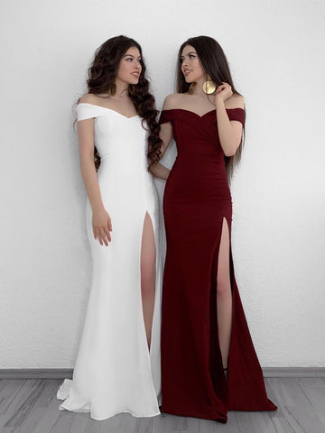 A Line Off Shoulder White/Burgundy Prom Dresses, Off Shoulder White/Burgundy Formal Graduation Dresses