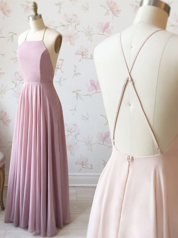 A Line Pink Backless Prom Dresses, Pink Backless Formal Graduation Evening Dresses